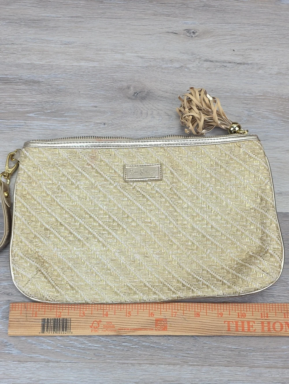 Lilly Pulitzer Gold Woven Straw Wristlet Clutch Bag Tassel Zip Resortwear